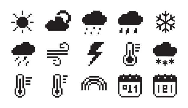 Pixel weather icons set sun clouds rain snow lightning wind thermometer rainbow calendar.