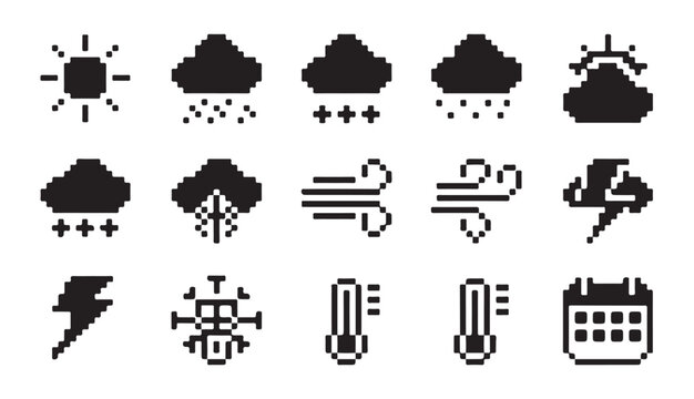 Pixel weather forecast icons showing sun clouds rain snow lightning and thermometers 8 bit.