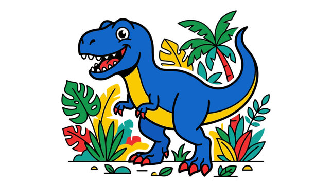 Joyful blue T-Rex dinosaur with colorful tropical plants, a playful prehistoric illustration