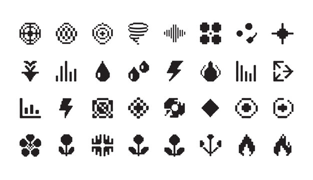 Comprehensive collection of various pixel style climate weather and miscellaneous icons.