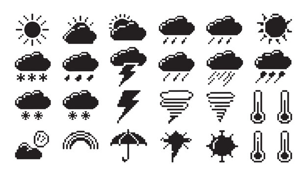 Diverse assortment of weather related pixel icons including rain sun clouds and symbols.