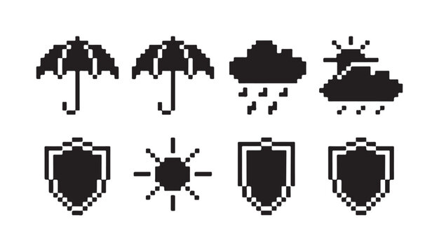 Pixel weather icons featuring umbrella cloud rain sun and shield symbols.