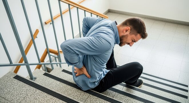 Man Suffering from Severe Lower Back Pain After Falling Down Stairs in an Office Building or Public Space