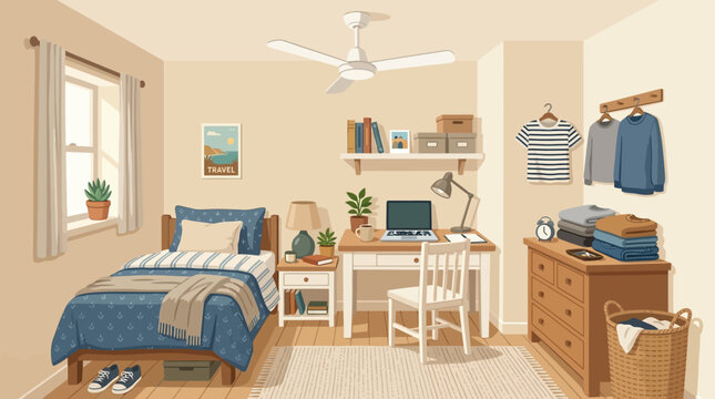 Cozy and organized bedroom with a bed desk and dresser.