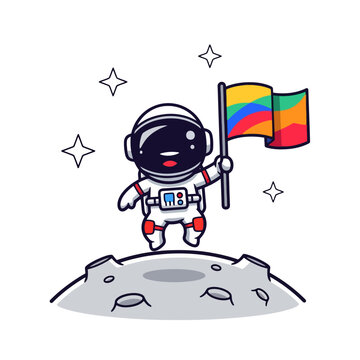 Cute astronaut cartoon character holding a colorful flag on the moon.