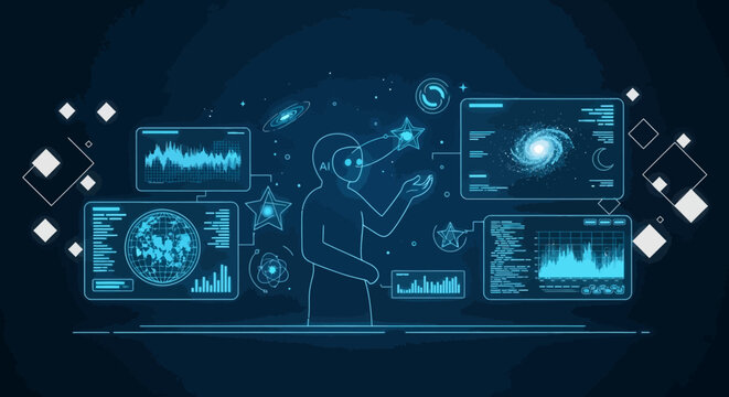 A person interacts with futuristic digital screens and graphs in a dark room with a blue glow and geometric shapes floating around.