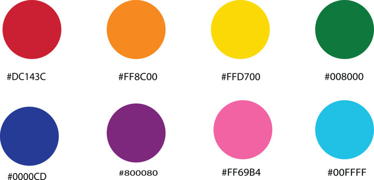 Vibrant color palette with hex codes, set of 8 colorful circles for web design, professional swatches for digital branding and UI development