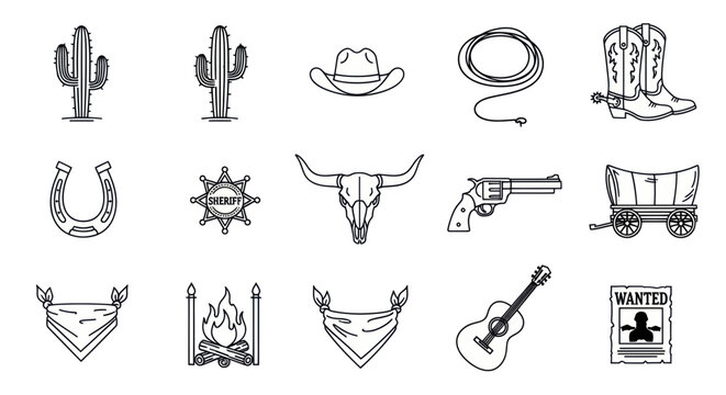Wild West Icons: Cowboy Hat, Boots, Cactus, Lasso, Horse Shoe, Gun, Guitar