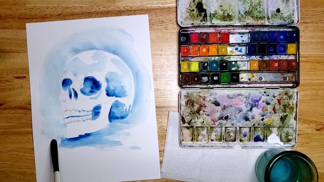 Watercolor Skull Painting Timelapse Cool Tones Side View Overhead Artist Workspace