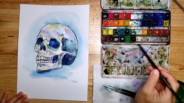 Watercolor Skull Painting Timelapse Cool Tones Side View Overhead Artist Workspace