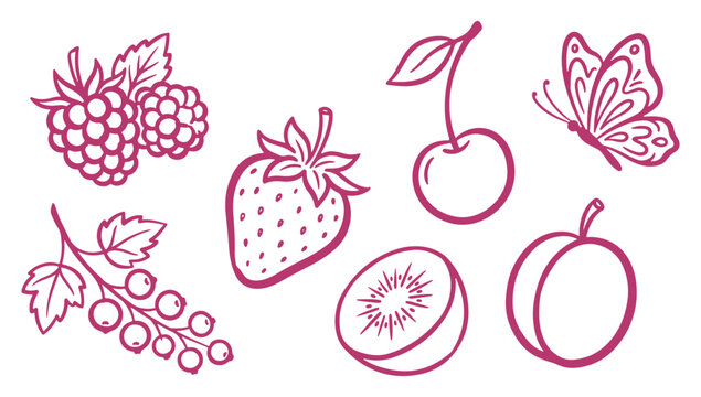 Fresh Berries and Fruits Vector Illustration Set. Hand Drawn Doodle Clip Art of Blackberry, Strawberry, Cherry, Currant, Kiwi, Peach, and Butterfly. Sweet Organic Food Line Art Elements.