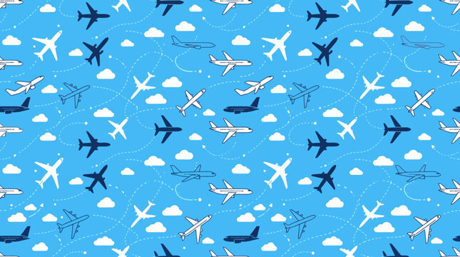 A charming pattern featuring various airplanes flying through a sky with clouds and dotted flight paths