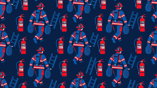 Brave firefighters in uniform with equipment and ladders, a heroic pattern celebrating emergency services