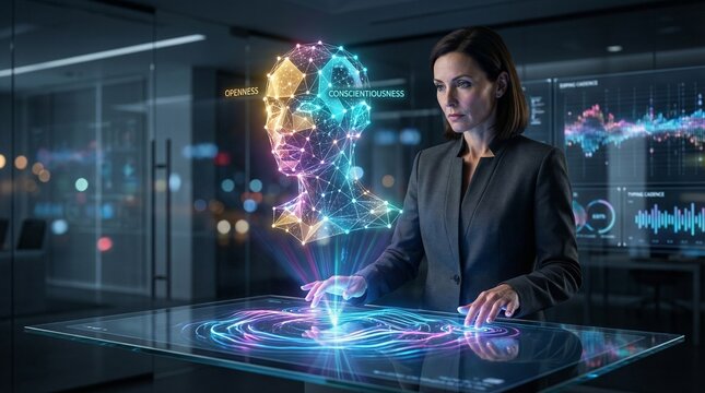 Keystroke Psychometrics: CX Strategist Analyzing Holographic Customer Personality Profile Generated via AI Typing Analysis