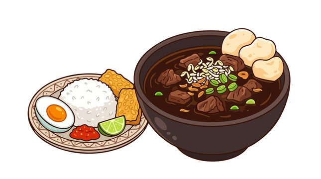 indonesian rawon black beef soup with sprouts and salted egg vector illustration