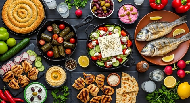 Authentic Greek Feast Spread with Grilled Fish and Meze.