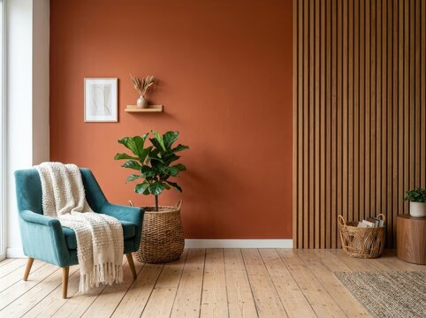 Modern Living Room with Teal Armchair and Terracotta Walls.