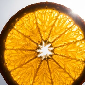 Extreme macro shot of a fresh orange slice revealing vibrant juice sacs, intricate textures, and glistening dew drops in bright sunlight, texture, healthy, organic