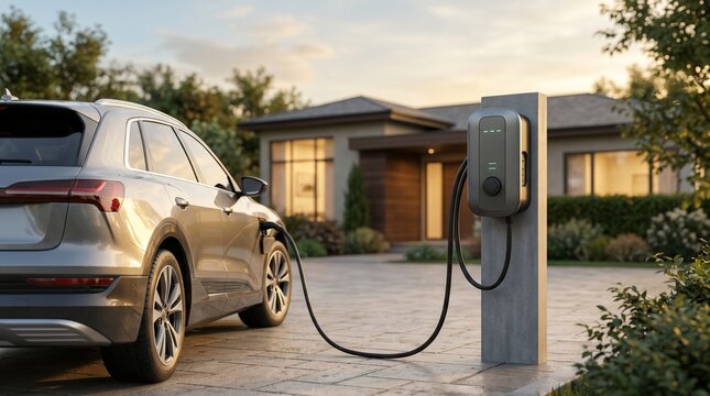 Electric vehicle charging at home station.