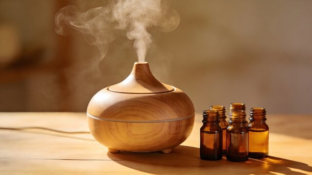 Wooden essential oil diffuser emitting mist with amber bottles for aromatherapy.