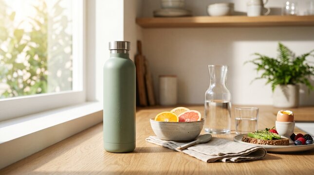 Still life of healthy breakfast on table.