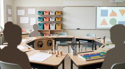 Naklejka premium students in a classroom with educational materials.