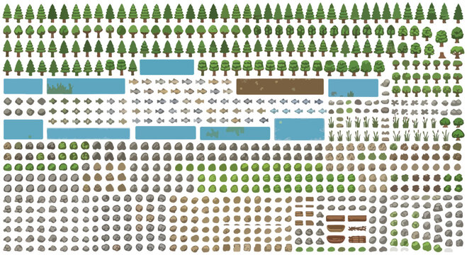 Isometric landscape map elements set, pixel art nature icons for game design, forest trees and water tiles vector collection, environment building kit