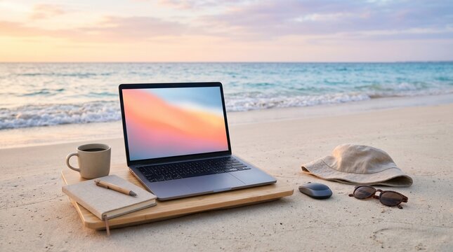 Laptop on the beach at sunset.