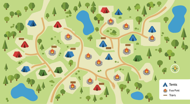 Camping map vector illustration, flat campsite layout with tents and fire pits, outdoor recreation park plan with hiking trails and lakes
