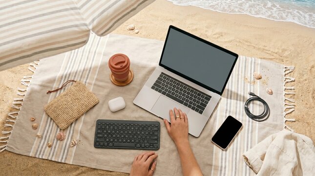 Person working on laptop at the beach.