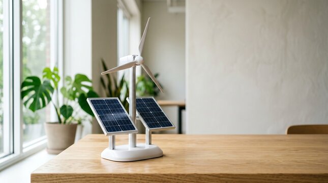 Solar panels on a wooden table indoors.