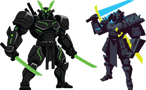 Futuristic samurai robots, cybernetic warriors, sci-fi illustrations, metallic characters