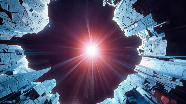 Futuristic space ring framing bright star burst through fractured metal debris with cinematic glow