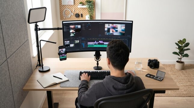 Man sitting at desk with computer and video editing software.
