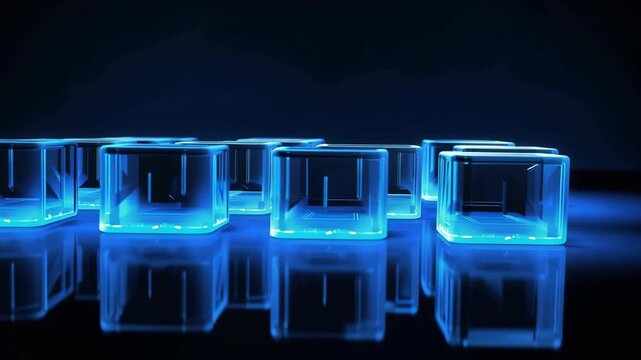 Glowing blue glass cube grid on reflective surface with neon light, futuristic atmosphere