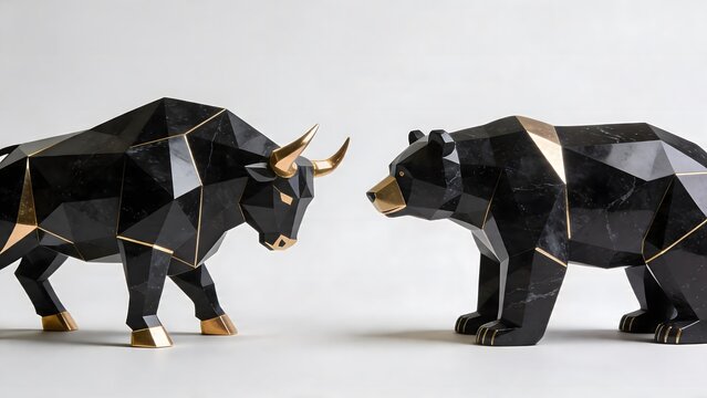 Geometric bull and bear statues facing each other representing the stock market.