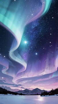 purple aurora borealis dancing over snowy mountains and stars