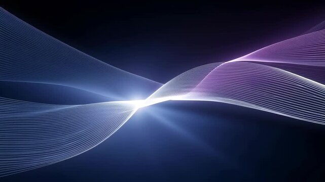 Soft flowing glowing light wave lines and abstract wave flow crossing soft blue purple motion dark