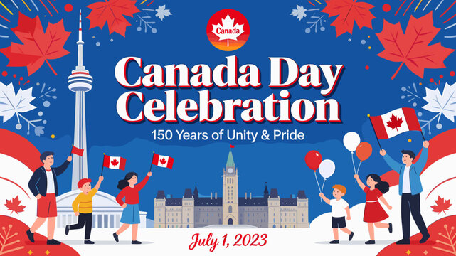 Canada Day Celebration 150 Years of Unity & Pride featuring iconic Canadian landmarks and people celebrating.