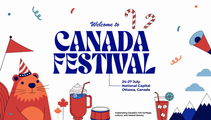 Illustration for a Canada Festival event featuring a beaver, festive drinks, confetti, and national symbols with event details. © Merah