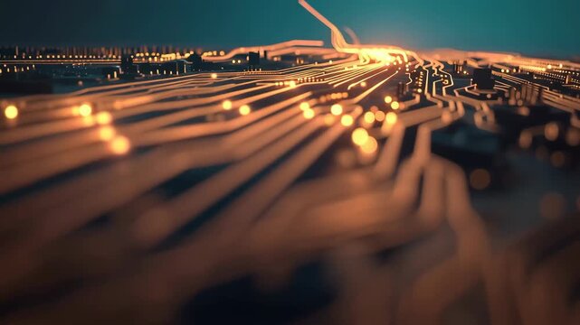 Glowing circuit board pathway and circuit trace converge into dynamic glowing data stream pathway