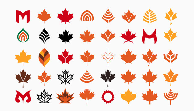 A grid displaying a diverse collection of stylized maple leaf logos and icons in various colors and abstract designs.