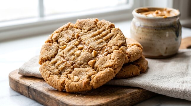 Close up of Soft and Peanut Butter Cookies on Marble Countertop