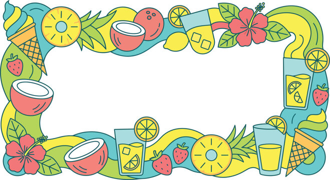 Vibrant summer celebration frame with tropical fruits and drinks, perfect as a decorative border for advertising campaigns or news features.