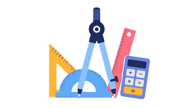 Drafting tools composition with compass protractor ruler and calculator.