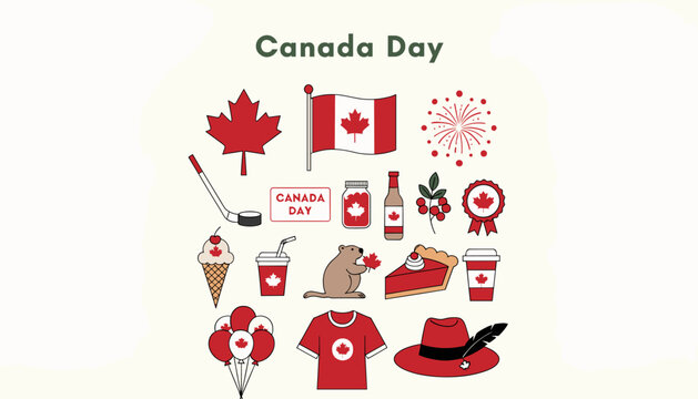 A collection of Canadian symbols and items celebrating Canada Day, including a maple leaf, flag, beaver, hockey stick, and festive food and drinks.