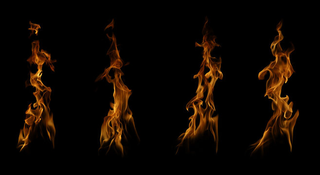 Sequence of real fire flames growing from small to large isolated on black background. Collection of burning blaze stages for graphic design, heat energy concept and dynamic motion elements.