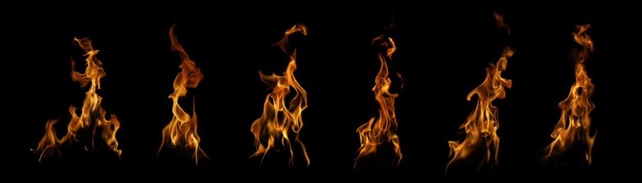 Sequence of real fire flames growing from small to large isolated on black background. Collection of burning blaze stages for graphic design, heat energy concept and dynamic motion elements.