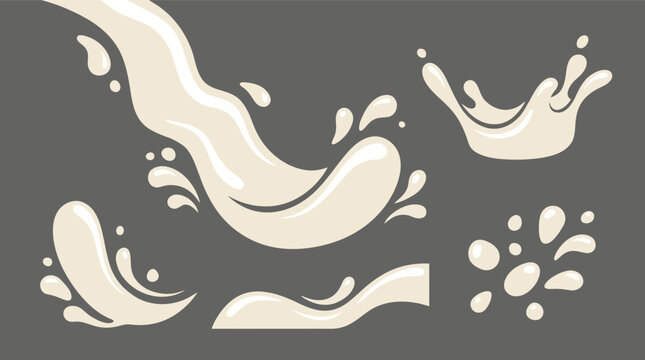 Creamy milk splashes and liquid drops flowing in a minimalist flat illustration style.