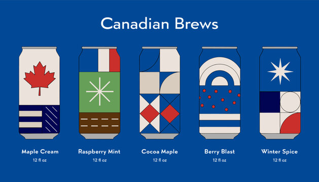A vibrant collection of five Canadian-themed beer cans, each featuring unique artistic designs and flavor names like Maple Cream and Winter Spice.